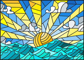 Naklejki  Illustration in stained glass style with sea landscape, sea, cloud, sky and sun