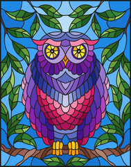 Illustration in stained glass style with fabulous colourful owl sitting on a tree branch against the sky