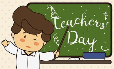 Cute Educator Celebrating his Day with Greeting Message in Chalkboard, Vector Illustration