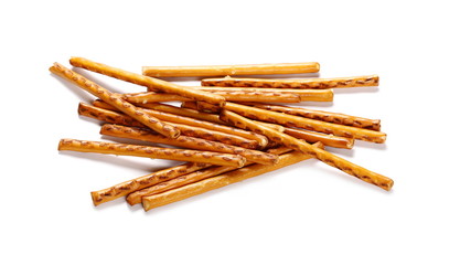 Salty cracker pretzel sticks isolated on white background
