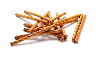 Salty cracker pretzel sticks isolated on white background