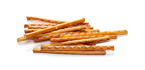 Salty cracker pretzel sticks isolated on white background