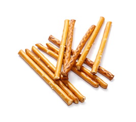 Salty cracker pretzel sticks isolated on white background