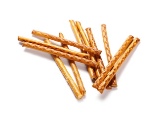 Salty cracker pretzel sticks isolated on white background