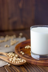 Soy milk with soy beans around it.