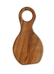 Brown wood cutting board isolated white, top view
