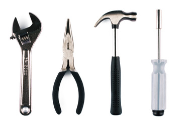 Set of various tools on white background.