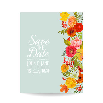 Floral Wedding Invitation Card with Autumn Flowers, Leaves and Rowanberry. Baby Shower Decoration in vector