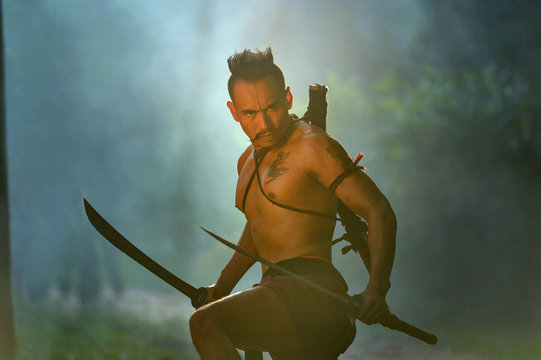 Portrait of a Male warrior holding a sword, Thailand
