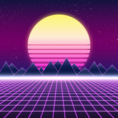 Synthwave retro design, mountains and sun, vector illustration