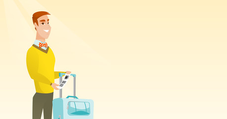 Happy business class passenger standing near suitcase and holding priority luggage tag. Young smiling caucasian businessman showing travel insurance tag. Vector cartoon illustration. Horizontal layout