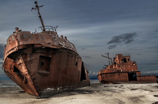 Graveyard of ships on the shore