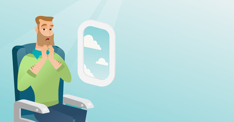 Young caucasian man shocked by plane flight in the turbulent area. Frightened airplane passenger sitting in airplane seat and suffering from aerophobia. Vector cartoon illustration. Horizontal layout.