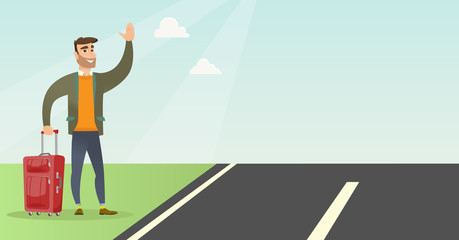 Caucasian man with suitcase hitchhiking on the roadside. Hitchhiking man trying to stop a car on a highway. Man catching a taxi car by waving his hand. Vector cartoon illustration. Horizontal layout. © Visual Generation