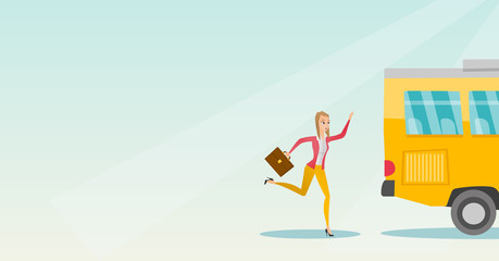 Young business woman chasing a bus. Caucasian business woman running for an outgoing bus. Latecomer business woman running to reach a bus. Vector cartoon illustration. Horizontal layout.