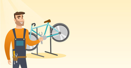 Caucasian bicycle mechanic showing spanner on the background of broken bicycle. Technician fixing bicycle in repair shop. Mechanic repairing bicycle. Vector cartoon illustration. Horizontal layout.