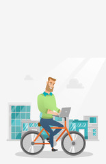 Young caucasian businessman working on a laptop while riding a bicycle. Hipster man riding a bicycle to work. Businessman riding a bicycle in the city. Vector cartoon illustration. Vertical layout.