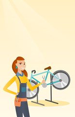 Caucasian bicycle mechanic showing spanner on the background of broken bicycle. Happy technician fixing bicycle in repair shop. Mechanic repairing bicycle. Vector cartoon illustration. Vertical layout