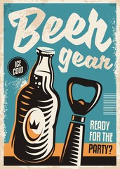 Beer bottle and beer opener retro poster design template.