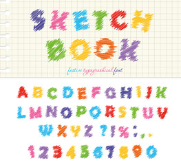 Sketchbook colorful font design. ABC scribble scratchy letters and numbers isolated on white.