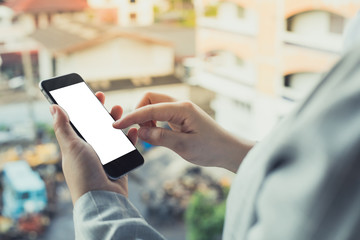 Business woman hand holding phone use finger touch screen gadget smart phone watch statistics stock exchange white isolated