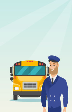 Caucasian cheerful school bus driver standing on the background of yellow bus. Smiling hipster school bus driver in uniform. Cheerful school bus driver. Vector cartoon illustration. Vertical layout.