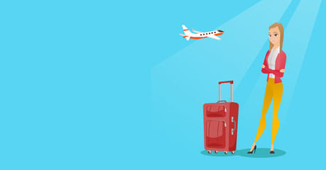 Young caucasian airplane passenger frightened by future flight. Woman suffering from fear of flying. Scared passenger with suitcase waiting for a flight. Vector cartoon illustration. Horizontal layout