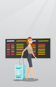 Young caucasian passenger with suitcase walking on the background of schedule board at the airport. Happy business woman pulling suitcase at the airport. Vector cartoon illustration. Vertical layout.