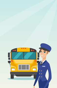 Caucasian cheerful female school bus driver standing on the background of yellow bus. Smiling school bus driver in uniform. Cheerful school bus driver. Vector cartoon illustration. Vertical layout.