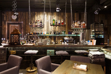 Interior of cozy restaurant, loft style - obrazy, fototapety, plakaty