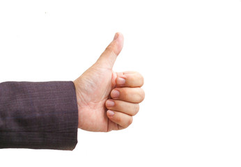 Close up of business man showing thumb up on white background.