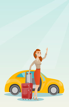 Caucasian woman with suitcase standing on the background of car with open door. Young woman waving in front of car. Happy woman going on vacation by car. Vector cartoon illustration. Vertical layout.
