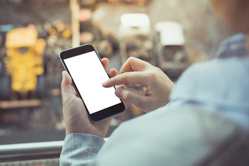 Business woman holding phone using gadget smart phone for work check email play stock market connection social media marketing isolated