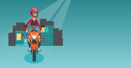 Young caucasian woman in helmet riding a motorcycle on the background of night city. Happy motorcyclist driving a motorbike on a city road at night. Vector cartoon illustration. Horizontal layout.