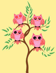 Four pink owls on a tree branch: sleeping, awake, two with a half-open eyes