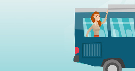 Young caucasian woman enjoying her trip by bus. Happy passenger waving hand from bus window. Cheerful tourist peeking out of bus window and waving hand. Vector cartoon illustration. Horizontal layout.