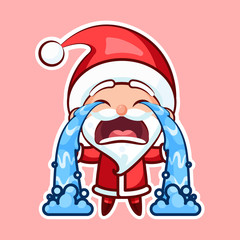 Sticker emoji emoticon, emotion sob, cry, weep, vector isolated illustration happy character sweet, cute Santa Claus, Father Frost pink background for Happy New Year and Merry Christmas