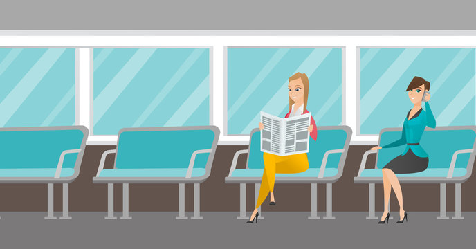 Caucasian women traveling by public transport. Woman using mobile phone while traveling by public transport. Woman reading newspaper in public transport. Vector cartoon illustration. Horizontal layout