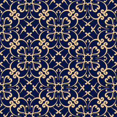 Seamless dark blue pattern with golden wallpaper ornaments