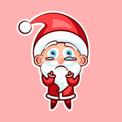 Sticker emoji emoticon, emotion beg, ask, pray, tears in eyes, vector illustration character sweet cute Santa Claus, Father Frost on pink background for Happy New Year and Merry Christmas