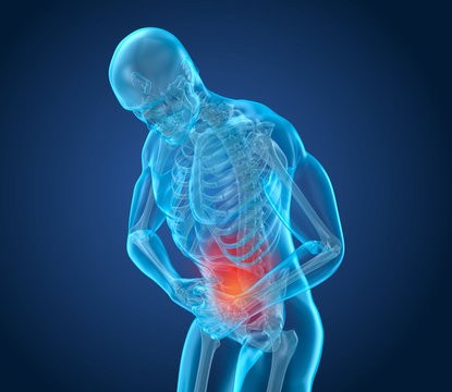 Man feeling pain in stomach, 3D illustration