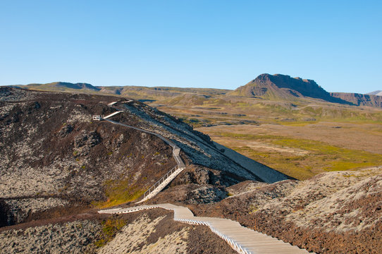 Stair towards the crater of Grabrok mountain in west Iceland
