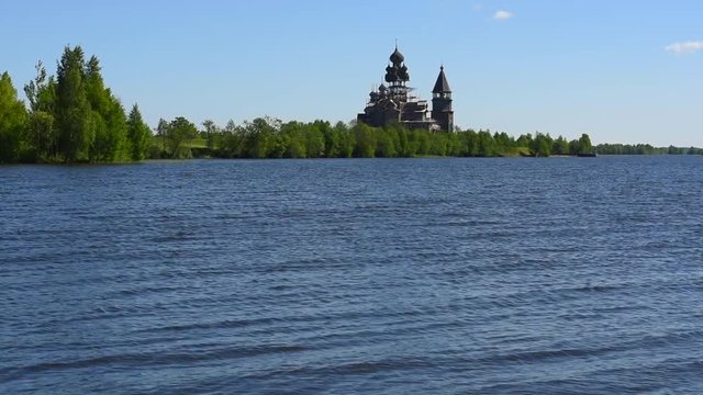 Onega Lake and view to  Kizhi Pogost, ancient wooden religious architecture in Russia