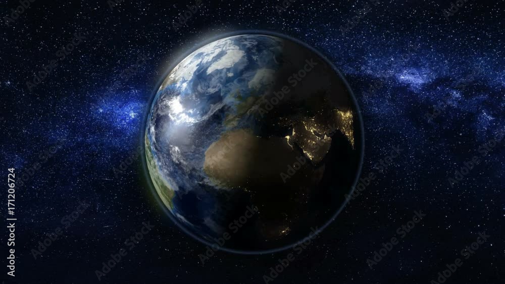 Wall mural planet earth rotate, spinning on its axis in black and blue universe of stars. seamless loop with da