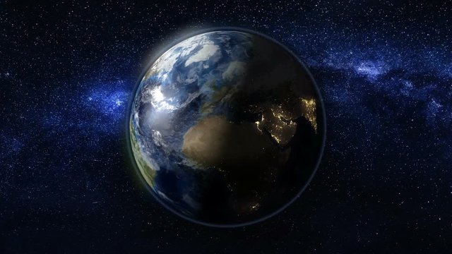 Planet Earth rotate, spinning on its axis in black and blue Universe of stars. Seamless loop with day and night city lights changes. High detail 4k. 3D Render. Elements of this image furnished by NASA
