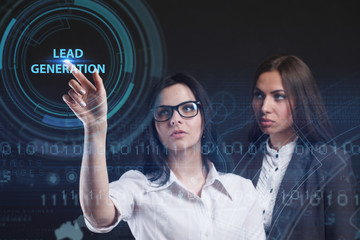 The concept of business, technology, the Internet and the network. A young entrepreneur working on a virtual screen of the future and sees the inscription: Lead generation