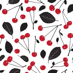 Seamless pattern with cherries and leaves on white background.