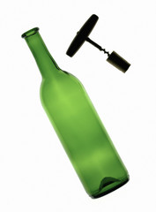 Green whine bottle and corkscrew isolated on white background