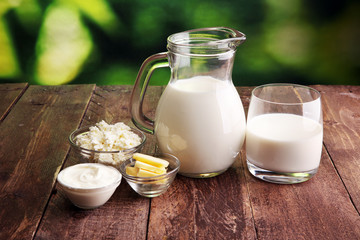 milk products. tasty healthy dairy products on a table