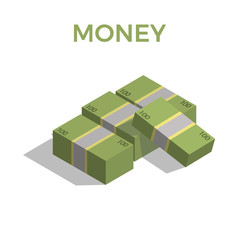 Big stacked pile of cash. Hundreds of dollars. Flat style isometric illustration